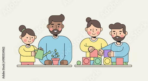 Cartoon family together gardening and building blocks spending quality time happy parents and children family bonding moment in bright illustration