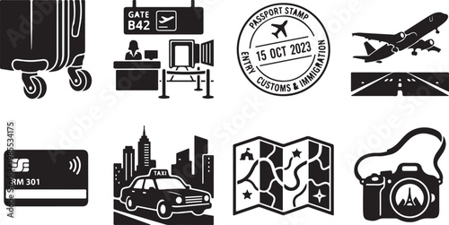 Travel icons, black vector set, 8 elements, tourism symbols, travel and transportation illustrations