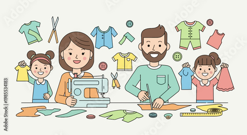 Cartoon family creating handmade clothing at home using sewing machine and fabric scraps in a cute vector illustration