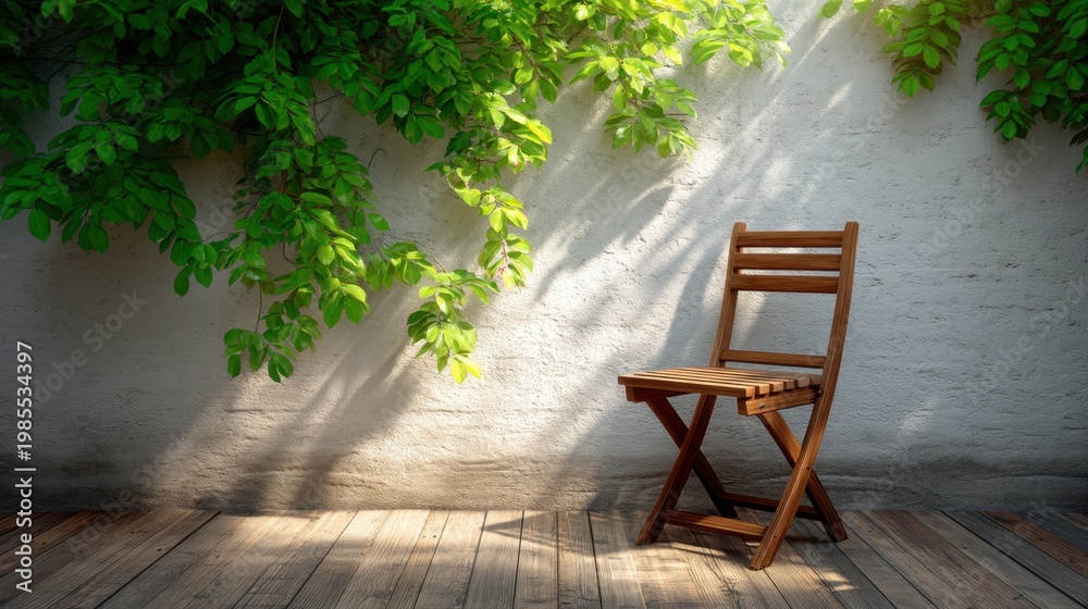 Naklejka premium Serene Wooden Chair Against a Lush Green Wall in an Embracing Sunlight with Natural Shadows and Inviting Atmosphere Perfect for Relaxation and Reflection