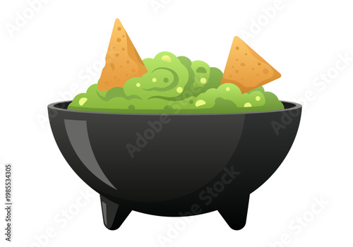 A sleek black molcajete bowl overflows with vibrant green, freshly mashed guacamole dip, elegantly garnished by two crispy golden tortilla chips, creating an irresistible and classic Mexican favorite