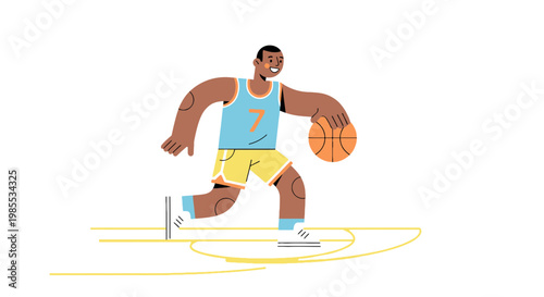 Cartoon style basketball player dribbling the ball on the court illustration; vector design; athletic male character in action pose