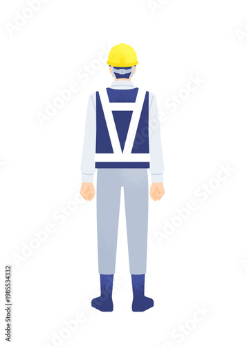反射ベストを着て力強く立つ男性作業員の後ろ姿 全身ベクターイラスト素材