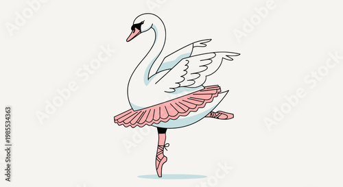 Cartoon swan ballerina gracefully dancing en pointe wearing a pink tutu and ballet shoes against a light beige backdrop illustration