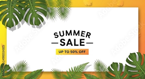 Tropical summer holiday poster design featuring a sunset silhouette of palm trees on a paradise island beach with ocean waves and a vector travel background landscape