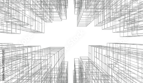 An abstract architectural rendering depicts a network of towering skyscrapers viewed from below creating a dynamic and futuristic cityscape silhouette high quality professional detailed