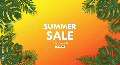 Tropical summer holiday poster design featuring a sunset silhouette of palm trees on a paradise island beach with ocean waves and a vector travel background landscape