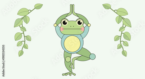 Cute cartoon frog in tree pose yoga with green leaves; illustration of amphibian character practicing balance for meditation