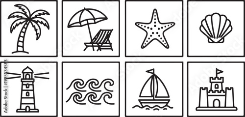 Black and white illustration of various global landmarks and symbols Vector