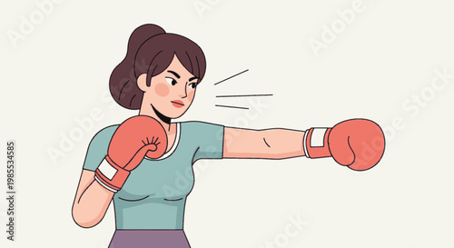 Confident woman boxer with red boxing gloves throwing a punch in cartoon vector illustration style on a light cream background