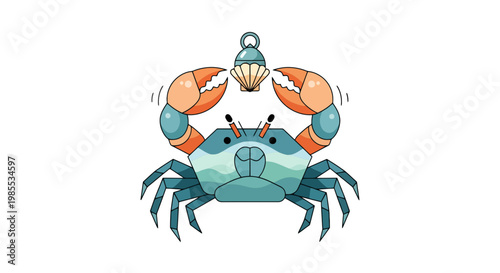 Cute crab illustration with a seashell lantern whimsical sea creature holding a glowing shell cartoon style teal orange and cream