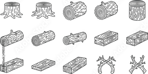 Various wooden logs and stumps in black and white tree trunks wooden planks
