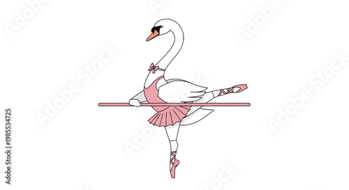 Elegant swan ballerina in pink tutu performing at barre; a whimsical vector illustration for ballet themed designs and creative projects