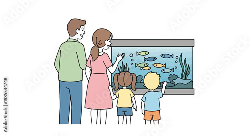 Family admiring fish in aquarium cartoon illustration of parents and children looking at a fish tank in a museum or zoo light pastel colors