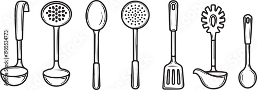 Different types of kitchen spoons and utensils on a white background Vector