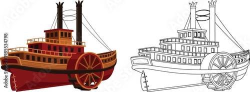 Vintage paddle steamer boat a colorful illustration and a line art version for design projects isolated on white