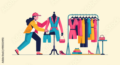 Fashion designer arranging stylish apparel on a mannequin and clothing rack showcasing trendy pink yellow and blue garments