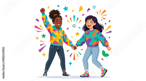 Two happy young friends holding hands.