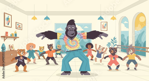 Gorilla in tie dye shirt teaching aerobics class to bears in dance studio with barre and natural light window in illustration style