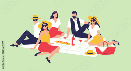 Group of stylish friends enjoying an outdoor picnic on a blanket with wine baguette and picnic basket in a vector style illustration