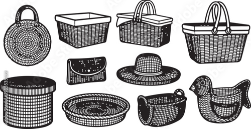 A collection of woven baskets in various shapes and sizes Vector