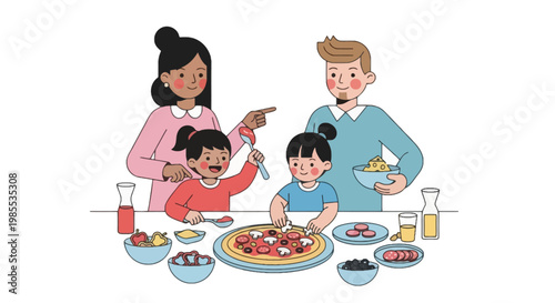 Happy family making homemade pizza together vector illustration in cartoon style; mom dad and daughters preparing food at table