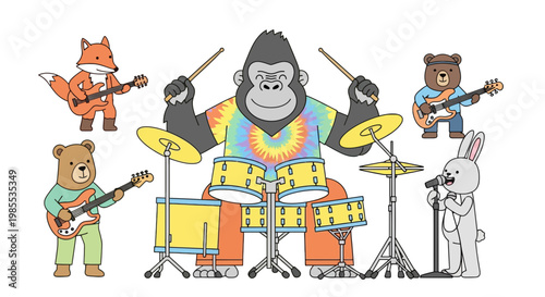 Animal band performing live music with gorilla drummer fox guitarist bear bassists and bunny singer in a colorful cartoon style