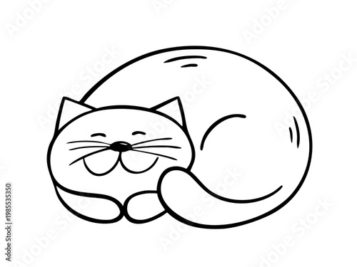 Cute sleeping cat line art illustration. Minimalist hand drawn doodle style kitten curled up, isolated on white background. Simple cartoon pet design for print, kids and nursery decor.