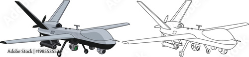 Unmanned aerial vehicle drone realistic illustration and line art comparison for aviation technology concepts