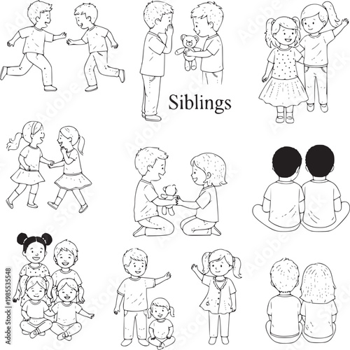 Black and white illustration of siblings playing and bonding in various family activities