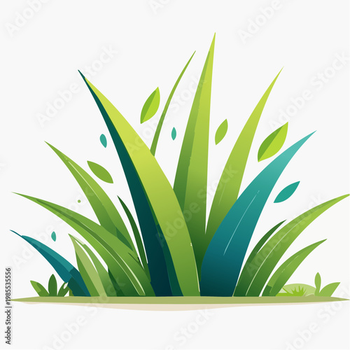 Vibrant Green Grass Blades and Leaves with Subtle Dew Drops on a White Background