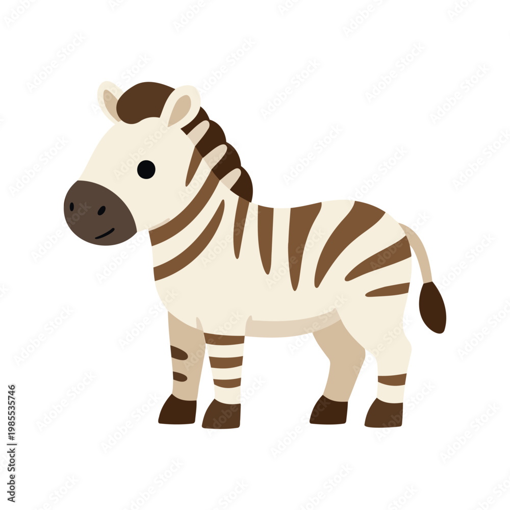 Fototapeta premium Cute cartoon zebra with a white body and brown stripes standing on a white background