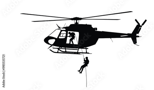 A striking black silhouette of a helicopter in flight with a rescuer rappelling downwards showcasing a daring rescue operation silhouette high quality professional detailed