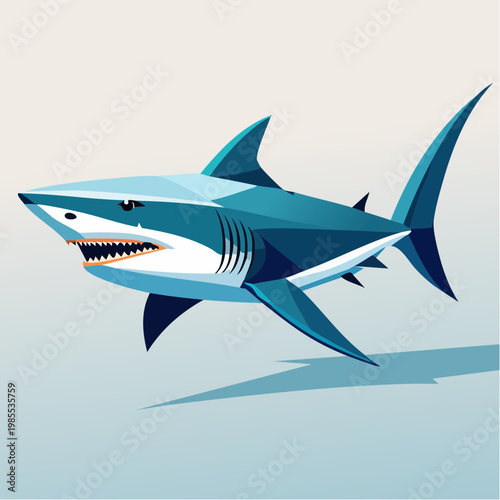 Stylized geometric shark illustration with sharp teeth and pectoral fins on a light background