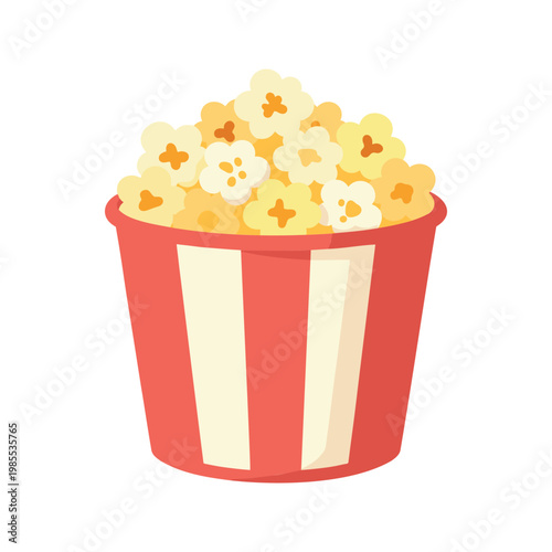 Delicious popcorn overflowing from a red and white striped bucket illustration