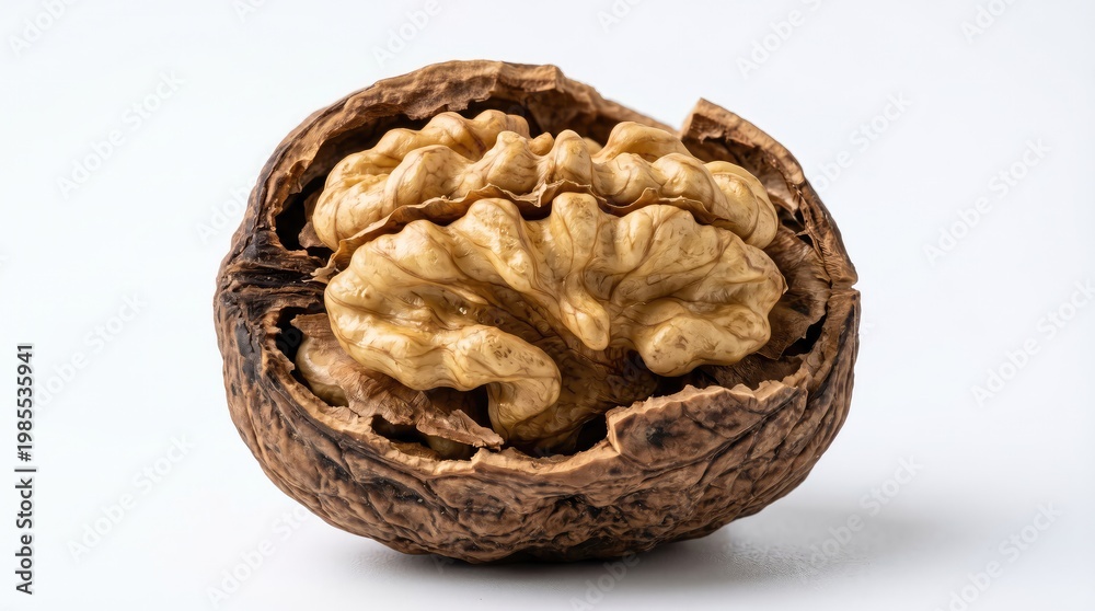 Fototapeta premium Close-up of whole walnut with cracked shell on white background