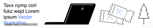 Travel planning, technology usage, ticket booking, electronic transactions, outdoor recreation, minimalism. Black laptop, two tickets and a tree. Travel planning and technology usage conveyed