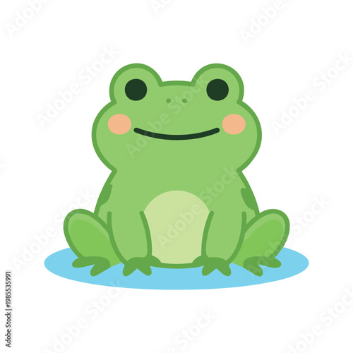 Cute cartoon frog sitting on a blue pond with a serene smile and rosy cheeks