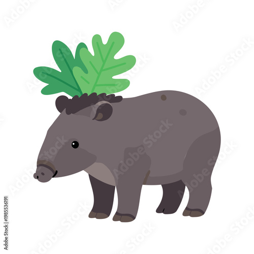 Cartoon tapir stands decorated with green leaves against a white backdrop