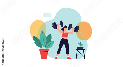 Determined woman performing an overhead barbell press exercise in her home with indoor plants and decor.