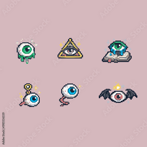 5 cute icon with pixel art about eye, eps 10 illustration