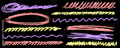 Gentle line strokes in crayon and chalk, highlight brightens, scribble returns near underline and pen, arrow guiding the composition.