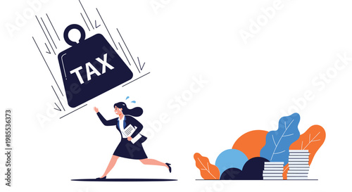 Businesswoman running away in fear from a massive black weight with tax text falling down from the sky.