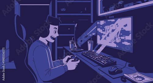 Gamer playing video game on computer with headphones and controller, digital art