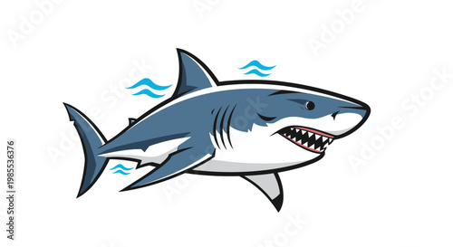 Powerful great white shark swimming through the water with abstract blue wave symbols on a white background.