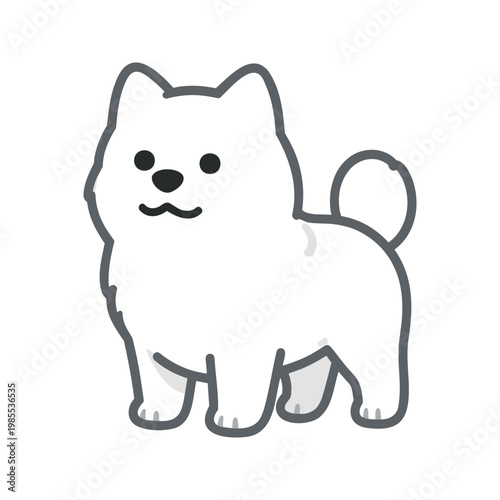 Cartoon white dog stands in a simple and clean illustration style