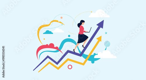 Businesswoman with a laptop walking up an upward trending arrow graph against an abstract colorful background.