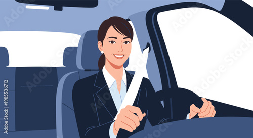 Confident young businesswoman smiling and wearing a seatbelt while driving her car on a blue background.