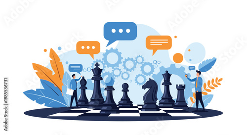 Strategic business people playing a game of chess on a giant board with gears and speech bubbles above.