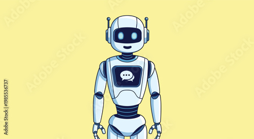 Friendly white artificial intelligence robot assistant with speech bubble icon on chest standing against yellow background.